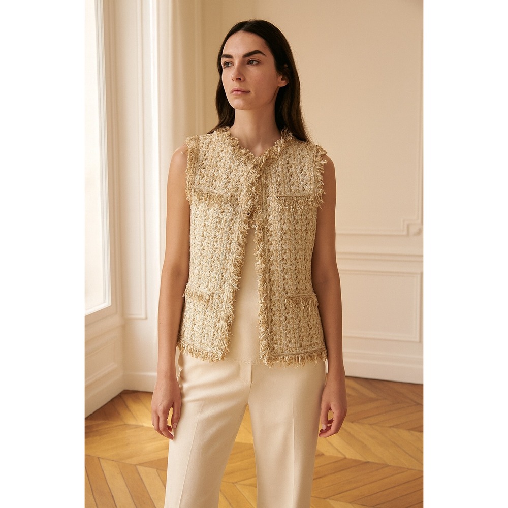 St John Black Label Knits Sleeveless Tweed Vest Gold Metallic Fringe Embellished
